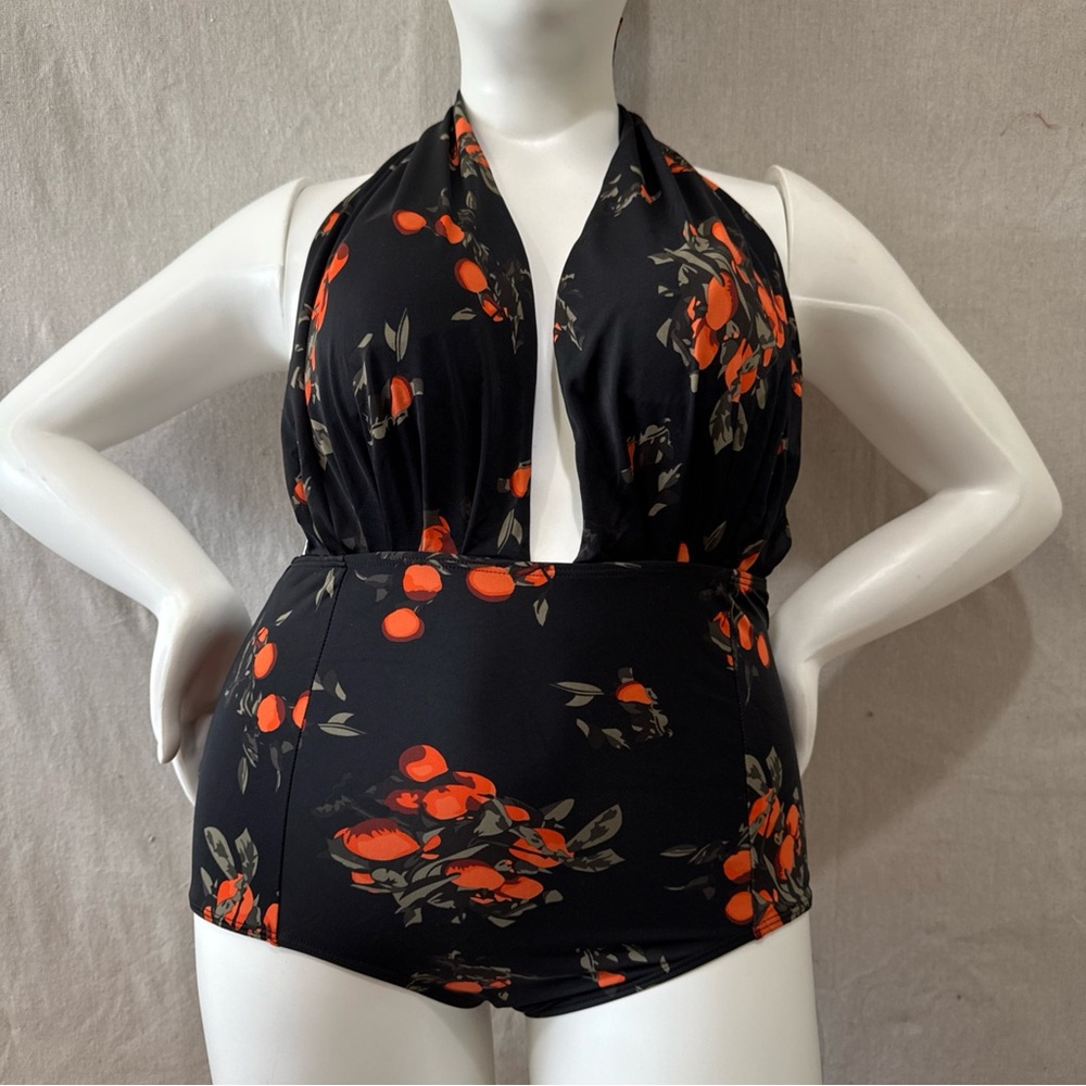 NWOT COCOSHIP Tangerine Plunging Pin-Up Retro One-Piece Swimsuit Size XLarge